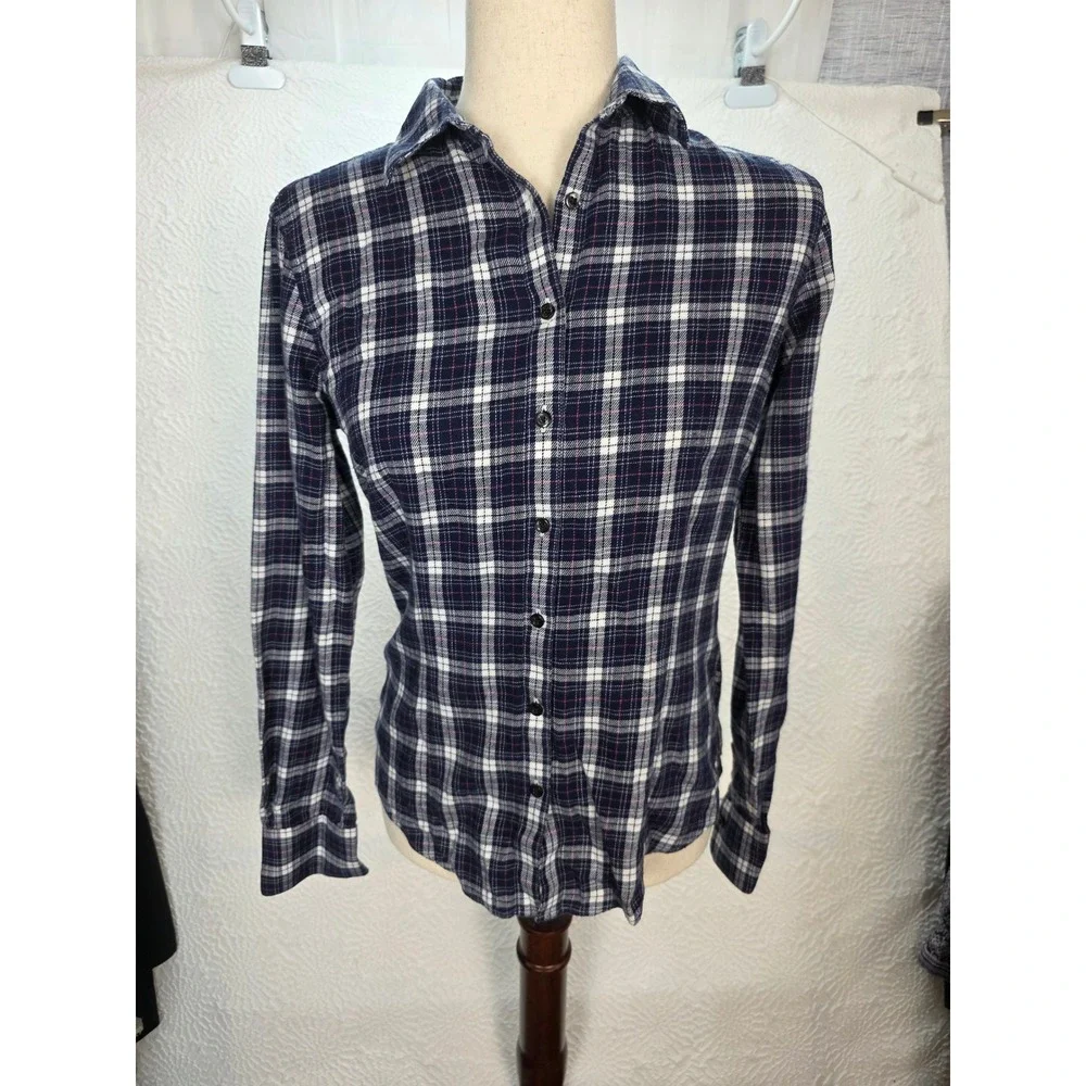 Brooks Brothers 346 Plaid Shirt Womens Size 2 Navy Blue Excellent Button Down